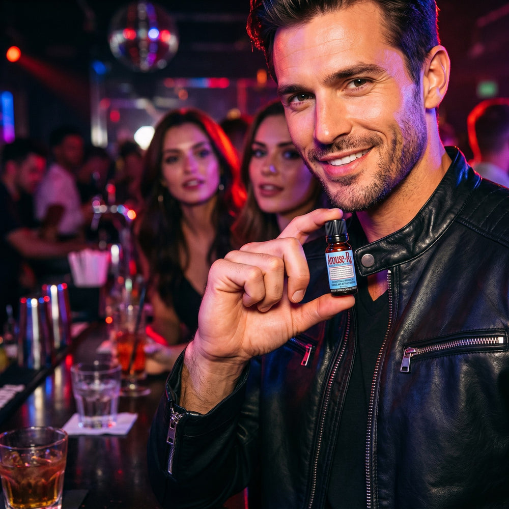 Man wearing Arouse-Rx unscented pheromone cologne oil for men with women dancing close at a club