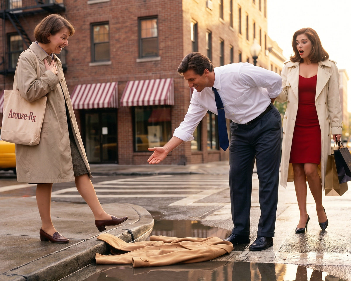Man laying his jacket over a puddle for a woman wearing Arouse-Rx pheromone perfume for women, vanilla and white florals