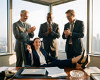Woman at her desk with three men applauding, Arouse-Rx unscented pheromone perfume oil for women