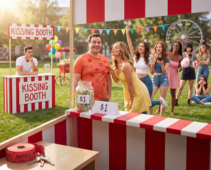 Man at a kissing booth with a line of women, Arouse-Rx pheromone cologne for men, cedar and citrus