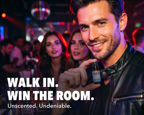 Man holding a bottle of Arouse-Rx unscented pheromone cologne oil for men